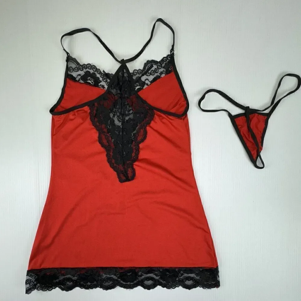 Red Nightgown Set Black Lace Stretchy Size Small Lingerie
